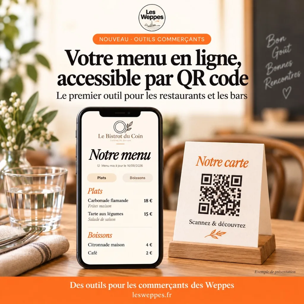 Votre menu en ligne, accessible par QR code : exemple pour les restaurants et bars des Weppes